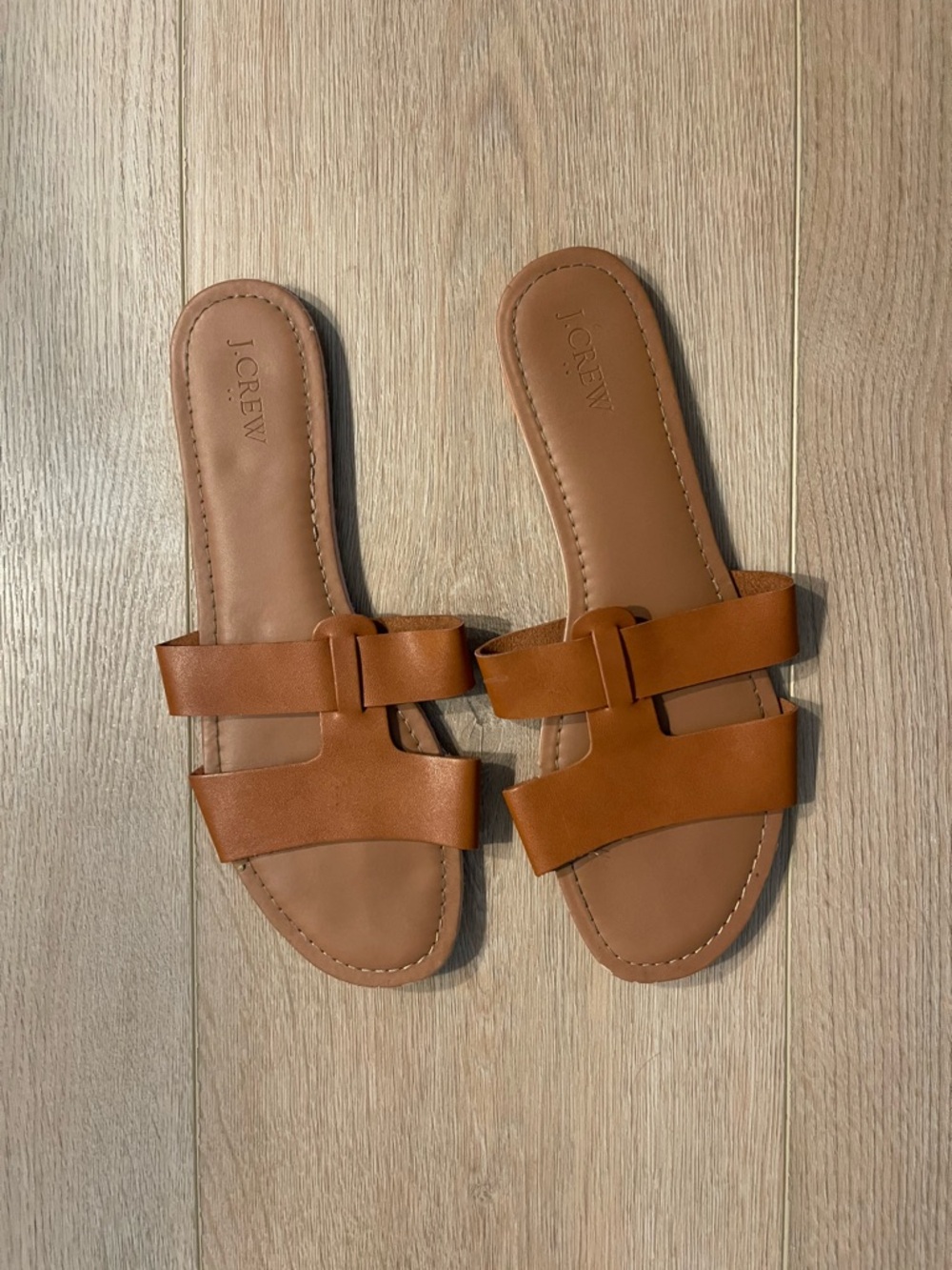 J. Crew Factory Tan Leather Double-Band Slide Sandals
